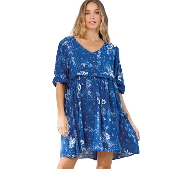 CES Femme Floral Smocking Boho Blue White Dress Size Small Runs large - Picture 3 of 16